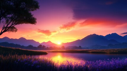 Obraz premium A breathtaking sunset over a tranquil lake, surrounded by majestic mountains and lush fields, creating a serene and picturesque landscape perfect for relaxation and inspiration.