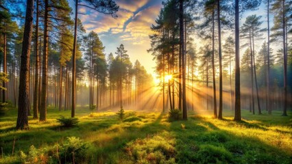 Fototapeta premium Sunrise in a tranquil forest setting, sunrise, forest, trees, morning, nature, peaceful, serene, beautiful, sunlight, rays