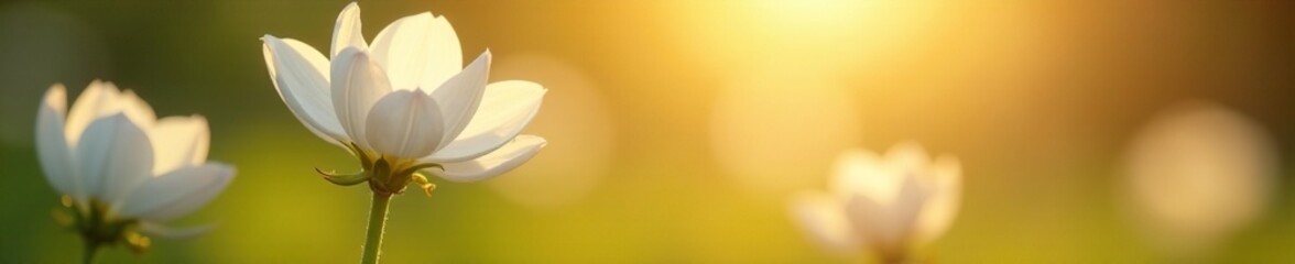 Soft petals of white flowers unfolding in the warm sunlight, bloom, nature