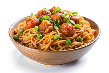 Delicious Asian-style spaghetti and meatballs in a bowl