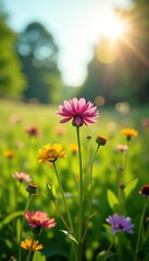 Obraz premium Sunlit meadow with burdock and other wildflowers, plants, botanical, herb