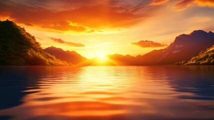 A stunning sunset over a serene lake, framed by majestic mountains. The vibrant colors of the sky reflect beautifully on the water, creating a picturesque and tranquil scene.