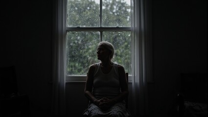 Contemplative elderly woman gazes out rain soaked window hands clasped in lap