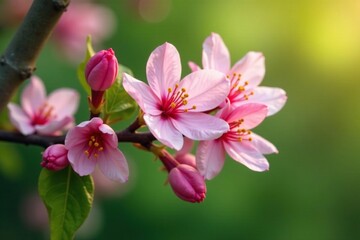 Obraz premium Delicate pink flowers unfolding on a tree branch, greenery, flowers