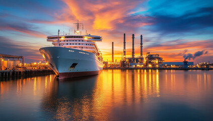Fototapeta premium A luxury cruise ship docked at the port, with an industrial factory in the background.