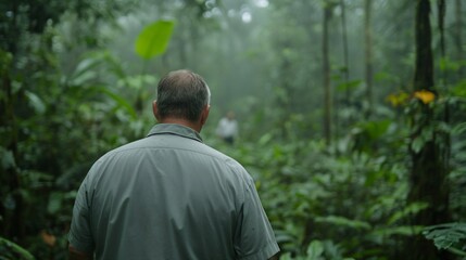 Man walking alone in misty green forest from behind view. Senior person exploring nature path in foggy woods. Peaceful solitary journey through wilderness trail