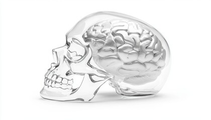 Fototapeta premium a pure white translucent skull with a silver brain, minimalist futuristic medical concept, clean and sleek rendering, isolated on white background