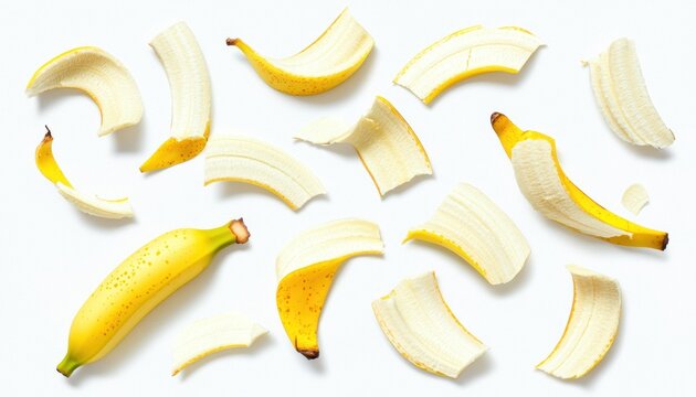 a perfectly ripe banana peeled halfway, smooth texture, bright yellow contrast, isolated on white background