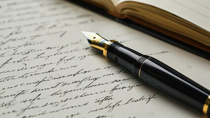 Fototapeta premium Black Fountain Pen with Gold Nib, Textured Paper with Ink Handwriting. Handwritten Document