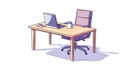 Office desk scene, laptop, chair, coffee cup. Illustration, workspace