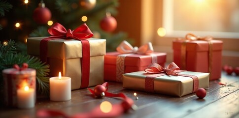 Wrapping paper with elegant Christmas presents under sunlight, sunlight, wrapping paper