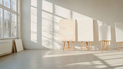 Fototapeta premium Modern art studio with blank canvases and wooden easels in sunlit white room with windows casting shadows. Empty gallery space for painting class or exhibition setup