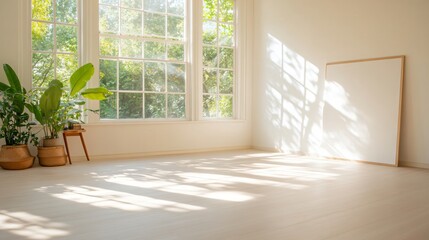 Fototapeta premium Minimalist bright room interior with window shadows on floor, empty canvas and houseplants in corner. Modern home design with natural sunlight and copy space for text