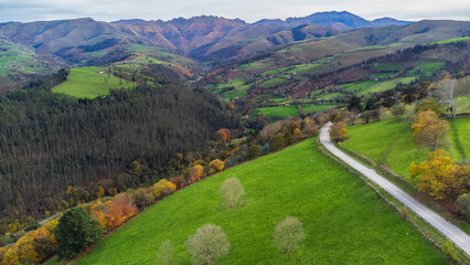 Green hills, mountains. Autumn. Aerial view. Pasiegos Valleys, Cantabria, Spain.