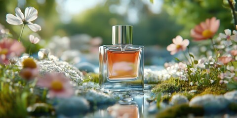 Perfume among spring flowers, plenty of space on the side. 