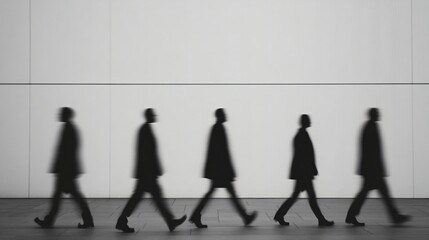 Silhouettes of business people walking in line against gray wall, side view. Corporate lifestyle concept, rush hour, daily routine. Black and white urban minimalist style