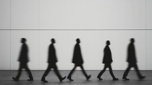 Silhouettes of business people walking in line against gray wall, side view. Corporate lifestyle concept, rush hour, daily routine. Black and white urban minimalist style