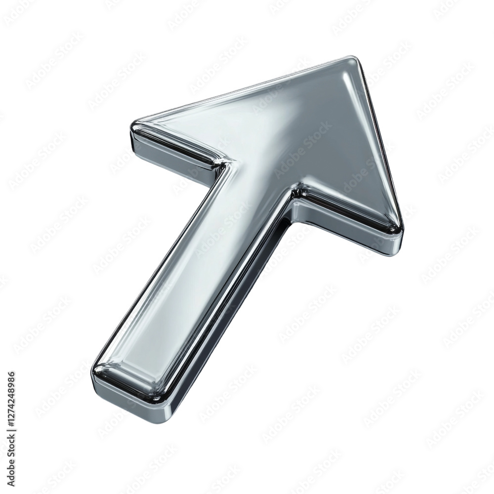 Poster shiny metallic arrow pointing upwards, symbolizing progress and direction. This sleek design can be used in various contexts, including navigation and growth