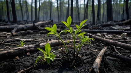Obraz premium A young plant in the middle of burned down forest. A new hope concept, reboisation image.