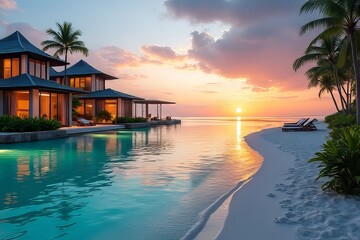 Luxurious Overwater Bungalow Resort at Sunset with Infinity Pool and Beach