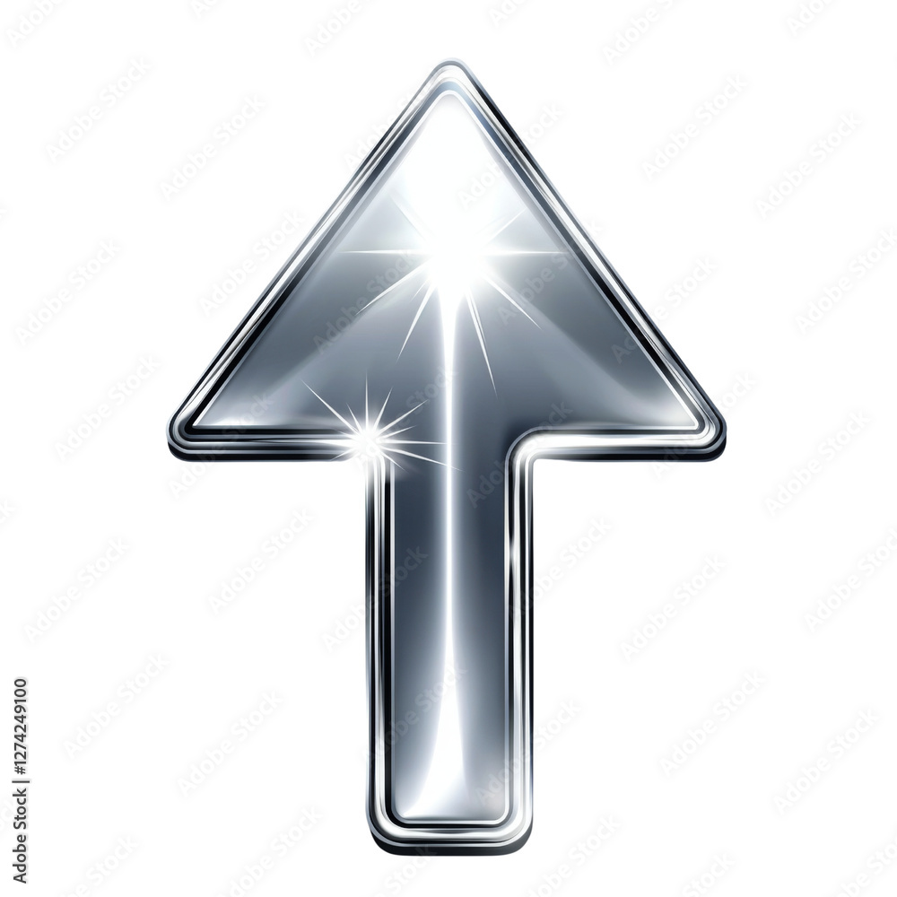 Poster Shiny silver arrow icon with glossy finish, symbolizing upward direction and progress. This sleek design adds modern touch to any project