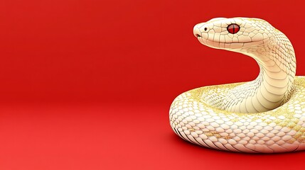 Fototapeta premium White snake with red eyes coiled on red background.