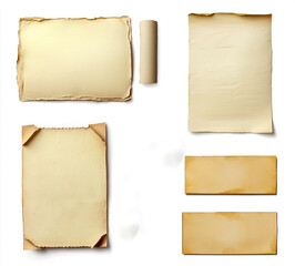 Vintage blank paper notes with sticky tape on a white background.