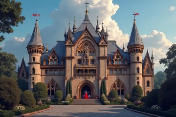 Obraz premium Majestic European Castle with Lush Gardens and Red Dress Figure