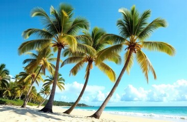 Obraz premium Tropical beach paradise with swaying palm trees and clear blue skies