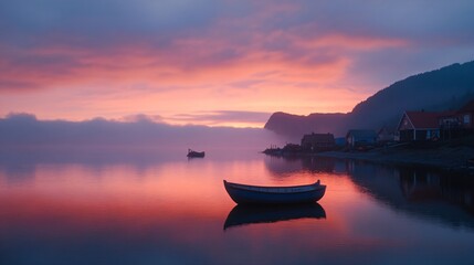 Tranquil fishing boats silhouetted on calm fjord water at dramatic pink sunset with norwegian coastal houses and mountains in background, scenic nordic landscape view