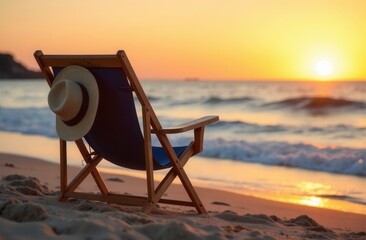 Serene beach sunset with wooden chair and hat overlooking ocean waves