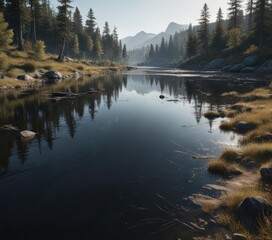 Obraz premium Dark lake shore with scattered brush marks and faint splashes, atmospheric, dark