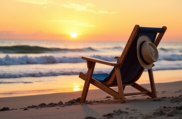 Serene beach sunset with chair and straw hat on sandy shore