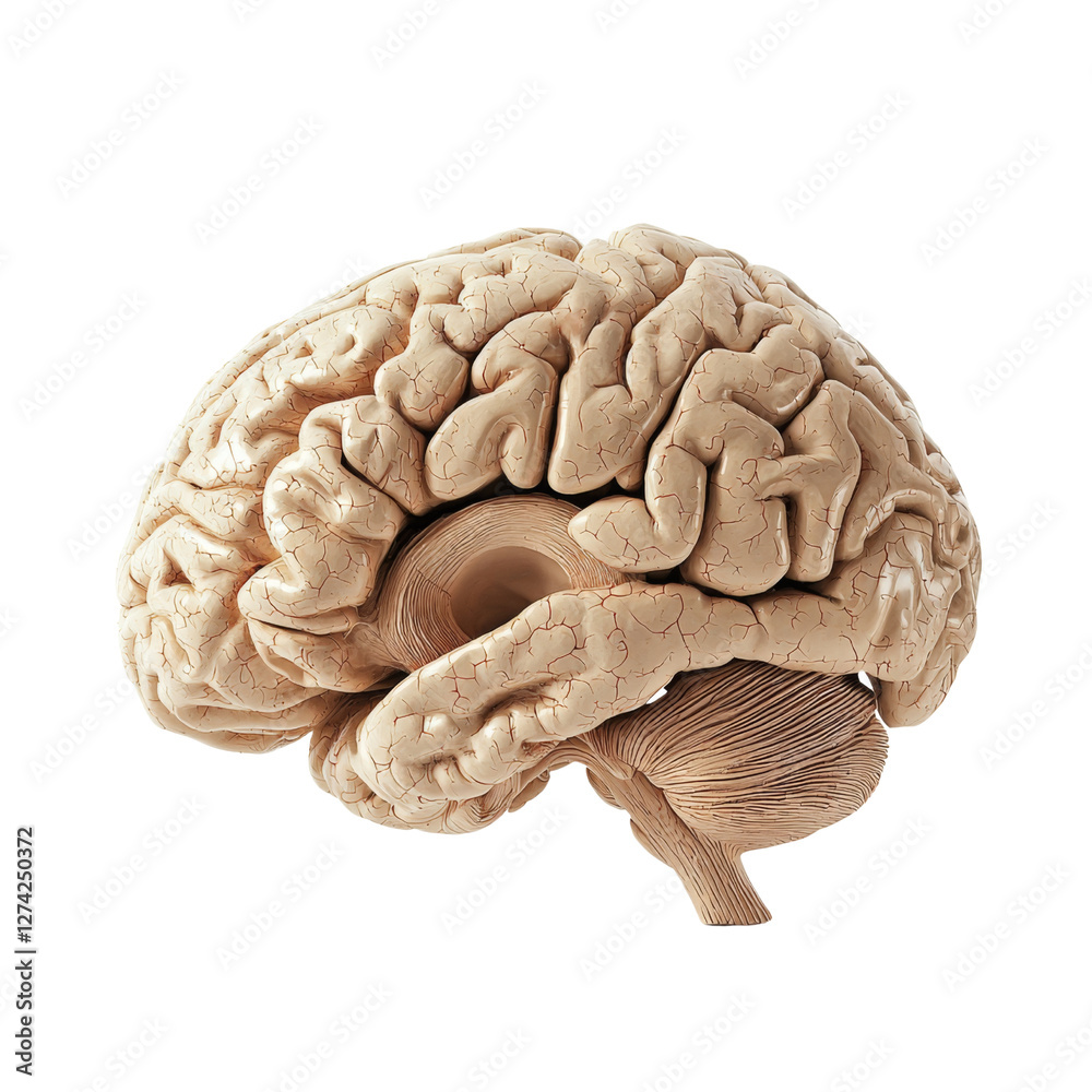 Poster detailed anatomical model of human brain showcasing its intricate structure and folds, emphasizing complexity of organ