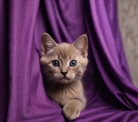 Dark grey sable Burmese kitten peeking out from behind a purple curtain, sable burmese, young cat, hiding