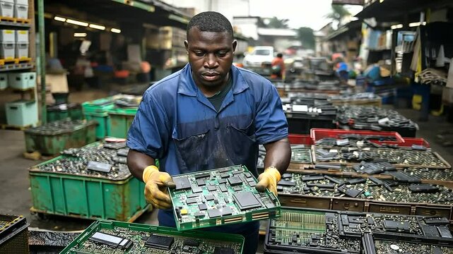 A worker sorting old electronics like circuit boards and chargers, in a bustling e-waste center, with crates and containers full of discarded gadgets around
