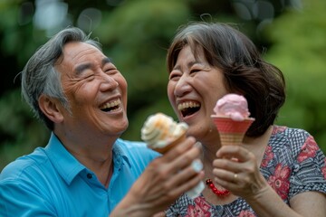 Fototapeta premium Portrait of a joyful asian couple in their 40s eating ice cream