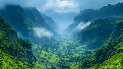 Lush Green Mountain Valley Landscape with Fog and Mist