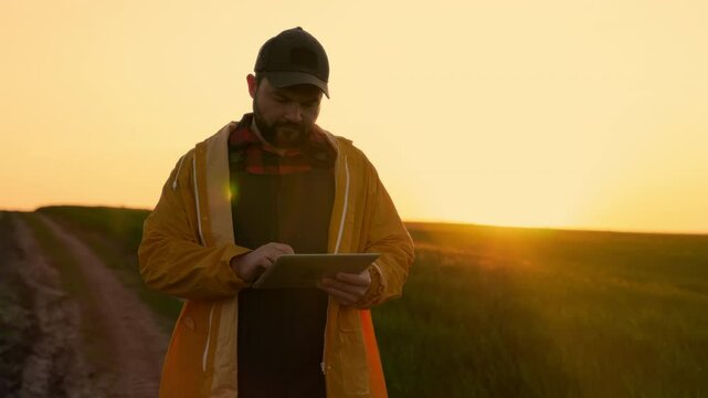 Farming business owner man with tablet counting future profit of farmland. Portrait of professional agricultural engineer or agronomist in fields in summertime, Caucasian man in yellow windbreaker