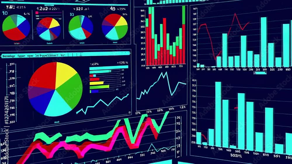 Poster Multiple digital displays present colorful pie charts, bar graphs, and line plots, illustrating dynamic financial data analysis and market trends in slow motion