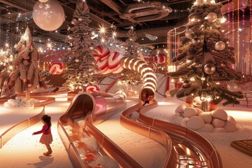 Colorful indoor playground designed like a candy land with slides, faux snow, and whimsical decorations creates a magical environment for children