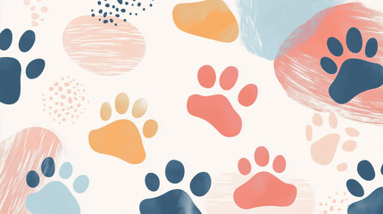 Soft paw-print motifs in pastel colors on clean abstract patterns. Appeals to pet lovers and vet clinics