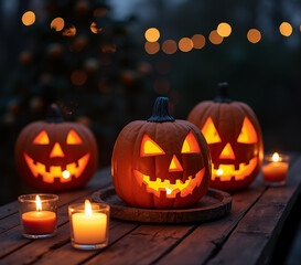 halloween - Jack O' Lanterns - Candles And String Lights On Wooden Table.  outdoors. moody