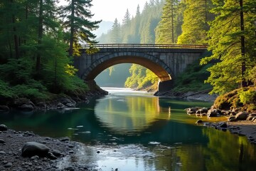 Fototapeta premium Majestic Stone Arch Bridge Over Serene River in Lush Forest