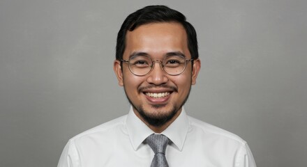 Smiling man in formal attire with a gray background, exuding confidence and professionalism
