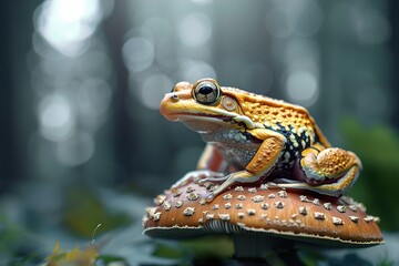 Fototapeta premium A vibrant orange and black frog perched on a mushroom in a mystical forest setting. Psychedelic Jungle, Tropical Wonderland, Nature’s Harmony