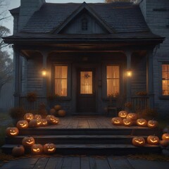 Fototapeta premium Creepy old house with flickering jack-o-lanterns on porch, night, scary, spooky