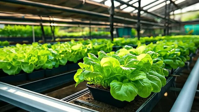 LED lights hanging overhead, casting bright light on a flourishing crop of hydroponic lettuce and basil in an underground farm, with pipes and trays organized in rows