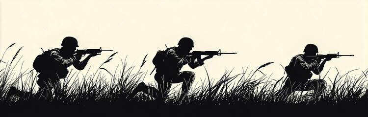 Three black vector silhouettes of soldiers in action, with a grass field background