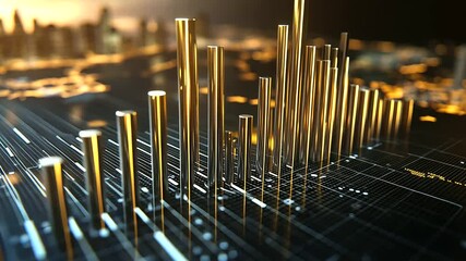 A D chart with sharp, metallic bars growing taller on a dynamic grid, the background subtly displaying global landmarks to symbolize international growth